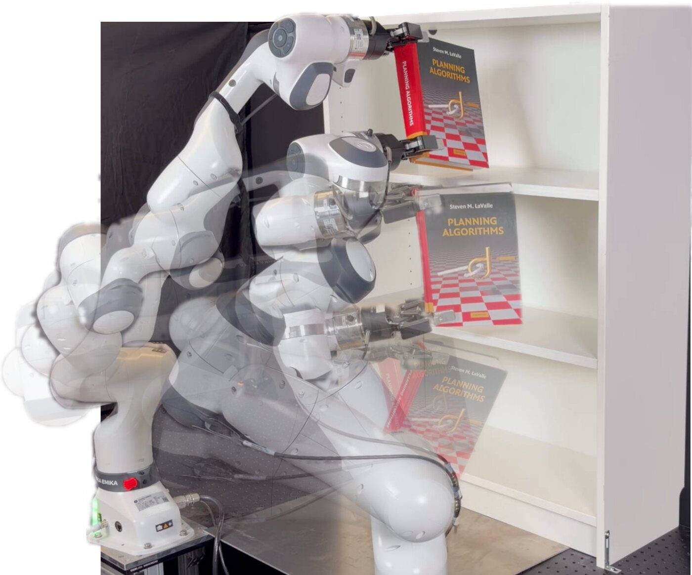 Two Franka arms holding a book between their grippers, shown at several instants as they carry it from the bottom compartment of a white bookcase to the top compartment.